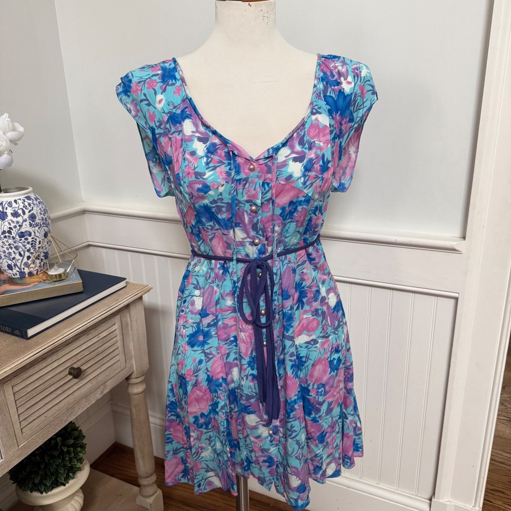 Free People Floral Tie Short Sleeve Button Front Mini Dress Purple Blue Pink 8
